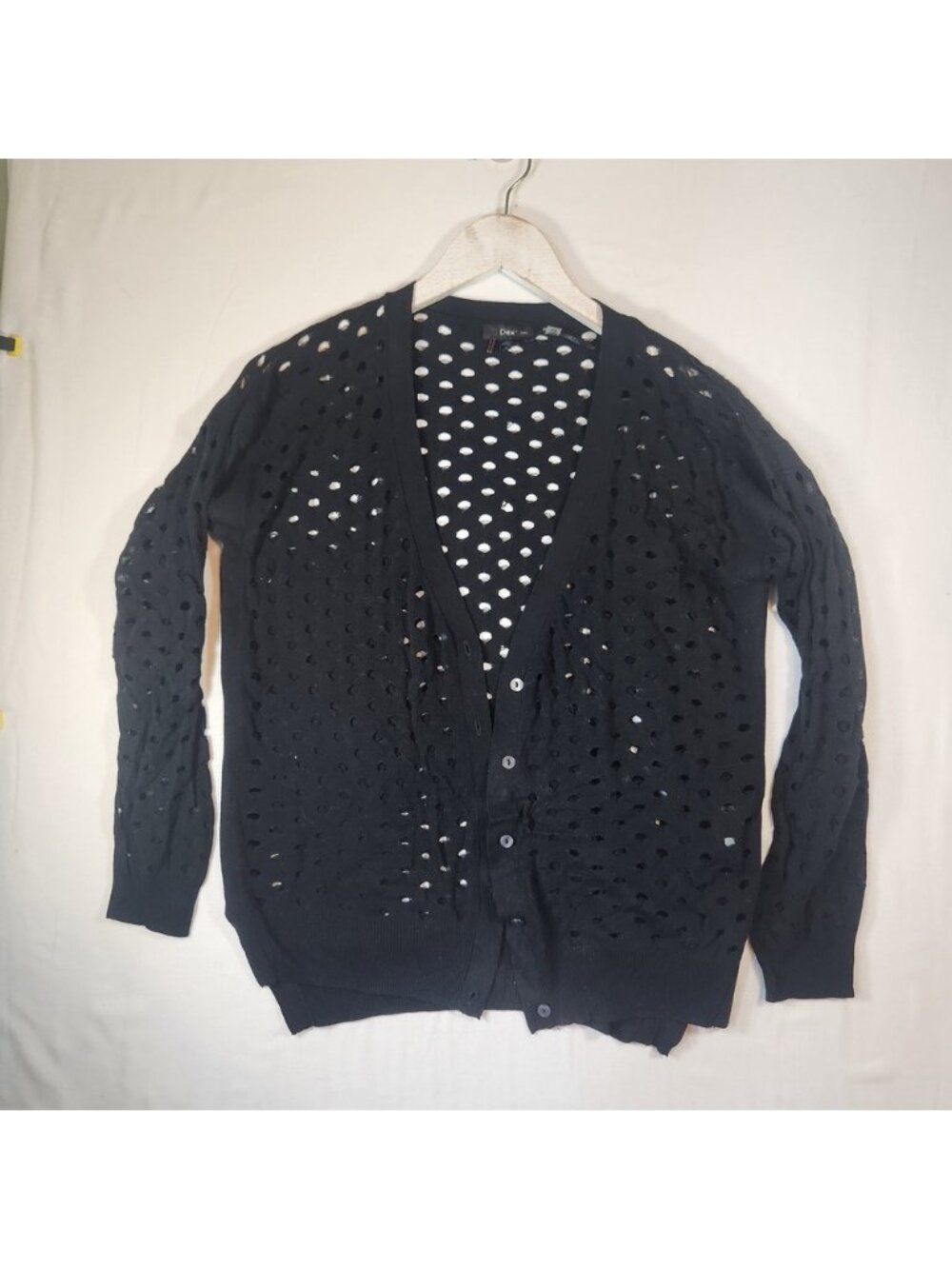 Dex whimsigoth Black Perforated Open Knit Cardigan Button Up Distressed Sweater